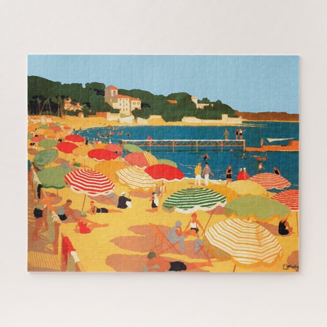 Vintage French Riviera Beach Travel Illustration Jigsaw Puzzle (Horizontal)