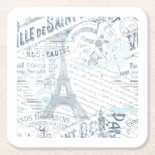 Vintage French Romance Collage Blue ID226 Square Paper Coaster