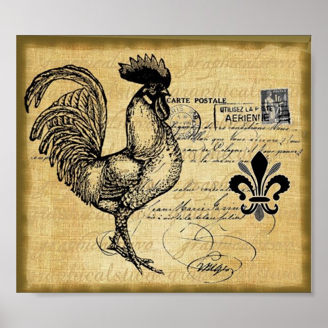 Vintage French Rooster On Burlap Poster (Front)