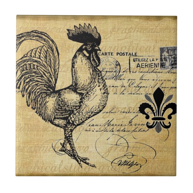Vintage French Rooster On Burlap Tile (Front)
