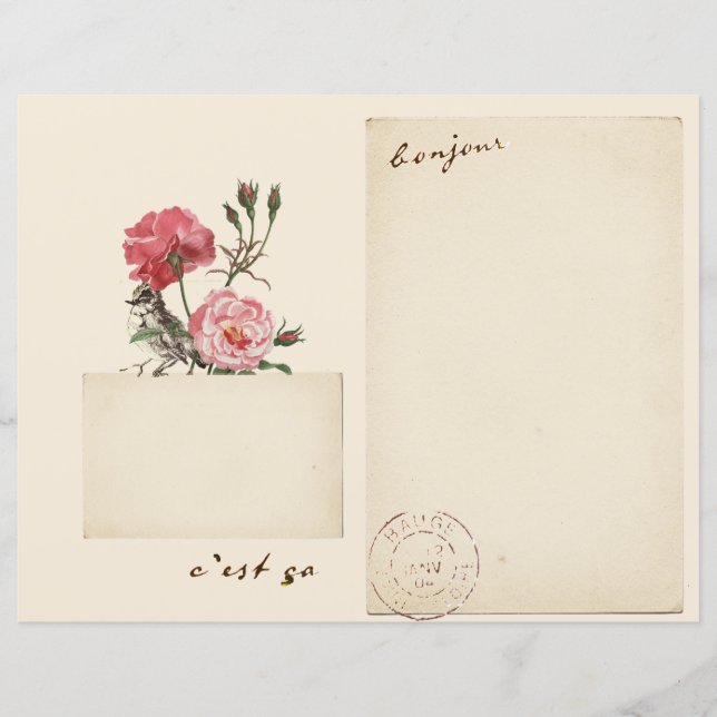 Vintage French Rose Bird Scrapbook Journal Page (Front)