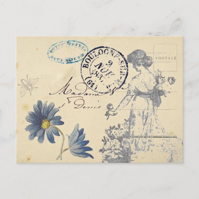 Vintage French Rose Lady Bee Flower Postmark Postcard (Front)