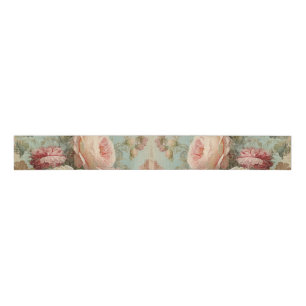 Vintage French Roses Floral Blue n Pink Decoupage Grosgrain Ribbon