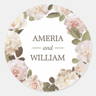 Vintage French Roses Floral Wreath Round Sticker