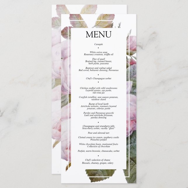 Vintage French Roses Wedding Reception Flat Menu (Front/Back)