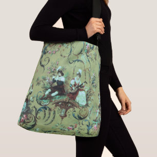 Vintage French Sage Green Toile Victorian Floral Crossbody Bag