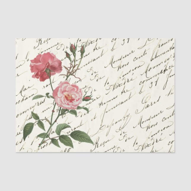Vintage French Script Pink Roses Tissue Paper (Front)