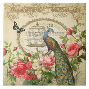 Vintage French Shabby Chic Peacock Ceramic Tile