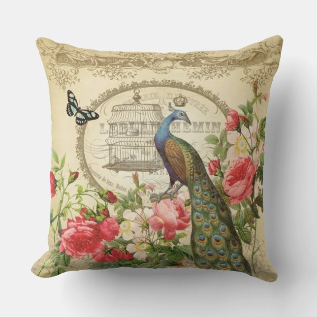 Vintage French Shabby Chic Peacock Cushion (Front)