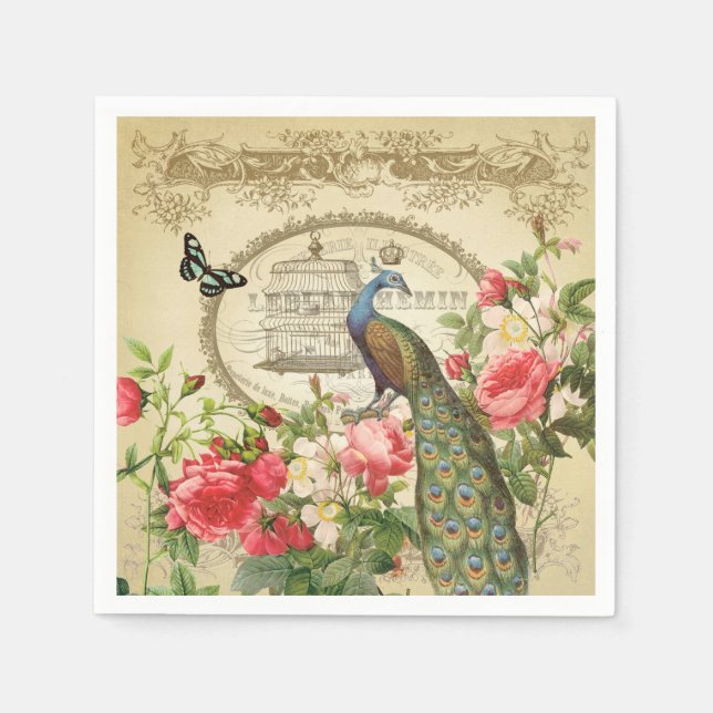Vintage French Shabby Chic Peacock Napkin (Front)