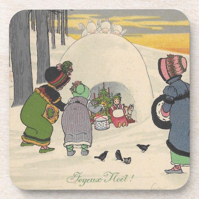 Vintage French Snow Girls Christmas Joyeux Noel Coaster (Front)
