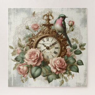 Vintage french style shabby chic Clock Roses Bird Jigsaw Puzzle