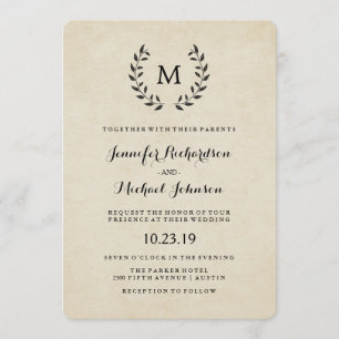 Vintage French Style Wreath and Monogram Wedding Invitation