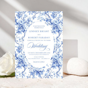 Vintage French Toile Blue Rose Wedding Invitation