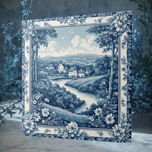 Vintage French Toile Countryside Blue Rustic Farm Ceramic Tile