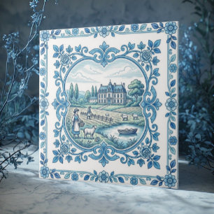 Vintage French Toile De Jouy Vintage Floral Blue Ceramic Tile