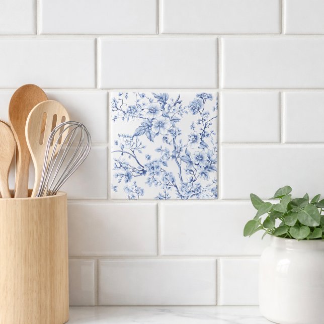 Vintage French Toile Floral Blue Ceramic Tile (Creator Uploaded)