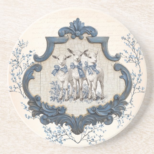Vintage French Toile | Nativity Three Sheep Coaster (Front)