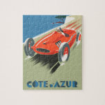 Vintage French Travel Poster Cote Du Azur Jigsaw Puzzle<br><div class="desc">Cote Du Azur Vintage french travel poster for the Cote du Azur featuring Red Racing car.</div>