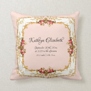 Vintage French Watercolor Roses Girl Birth Stats Cushion
