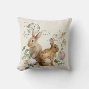 Vintage French watercolour rabbits with roses Cushion