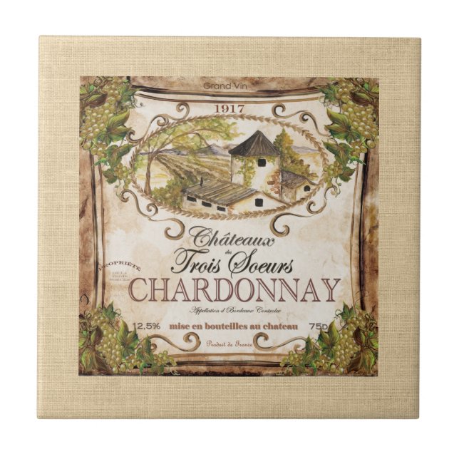 Vintage French Wine Label Burlap Ceramic Tile (Front)