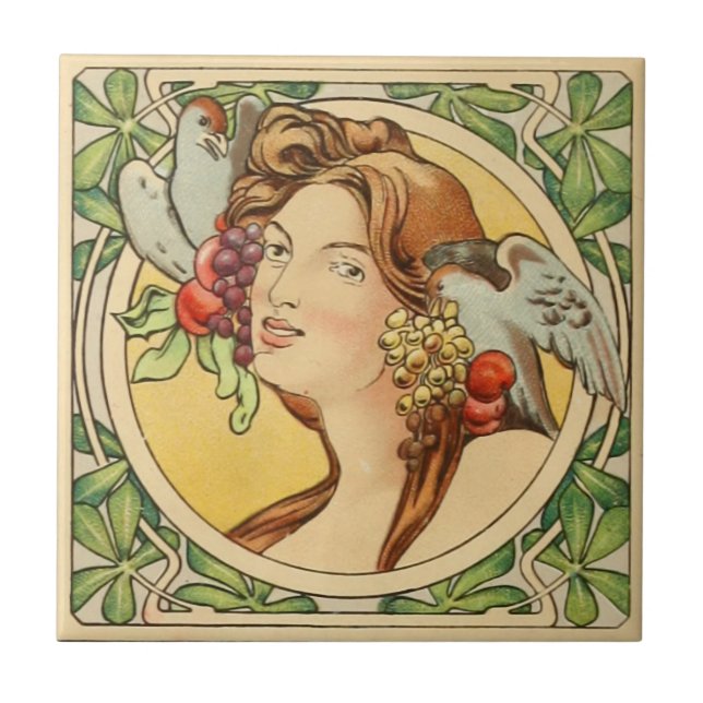 Vintage French Woman Art Nouveau Ceramic Tile (Front)