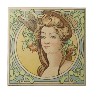 Vintage French Woman Art Nouveau Ceramic Tile