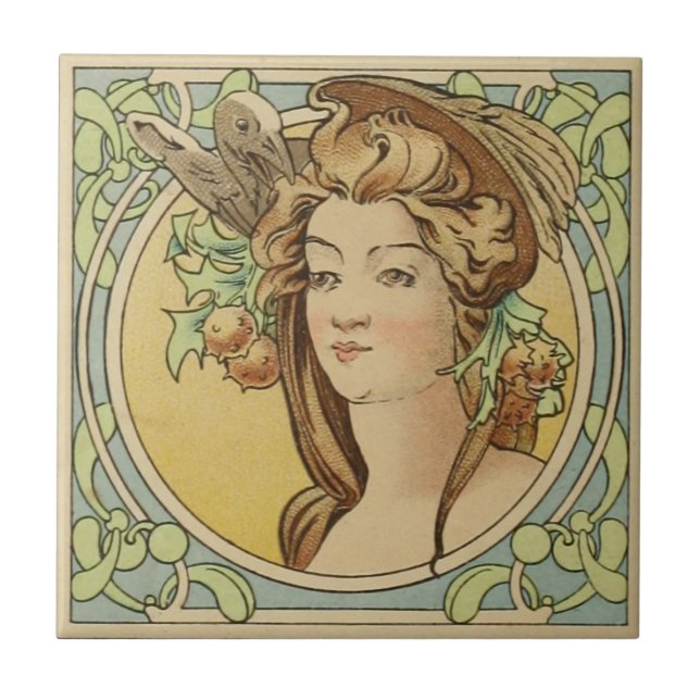 Vintage French Woman Art Nouveau Ceramic Tile (Front)