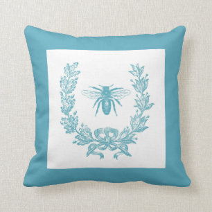 Vintage French Wreath w/ Bee 20 x 20" Pillow Teal