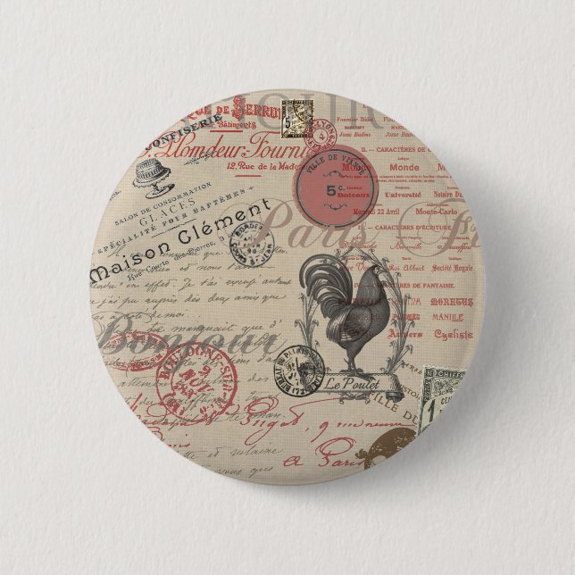 Vintage French Writing Paris Rooster typography 6 Cm Round Badge (Front)