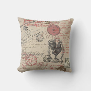 Vintage French Writing Paris Rooster typography Cushion