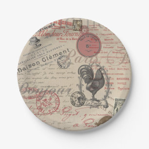 Vintage French Writing Paris Rooster typography Paper Plate
