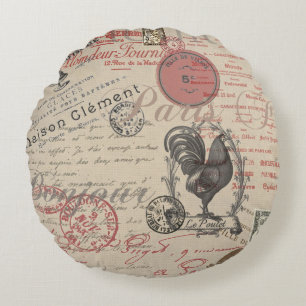 Vintage French Writing Paris Rooster typography Round Cushion