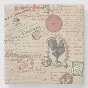 Vintage French Writing Paris Rooster typography Stone Coaster