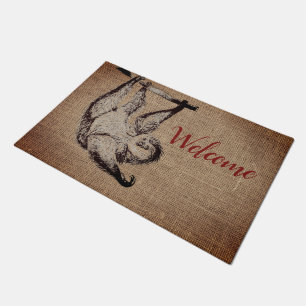 Vintage friendly sloth in burlap - welcome doormat