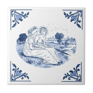 Vintage Friends Ladies Delft Corner Blue and White Ceramic Tile