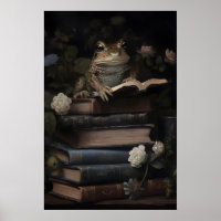 Vintage frog flower books print, green toad witch