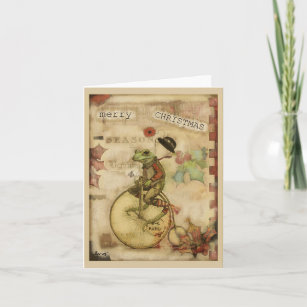 Vintage Frog on Bicycle Bowler Hat Christmas Holiday Card