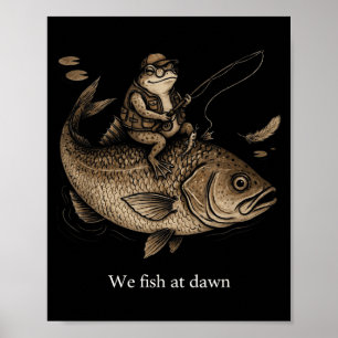Vintage frog riding giant fish fish at dawn humour poster