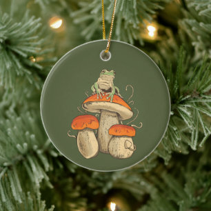 Vintage Frog With Mushrooms Cottagecore Ceramic Ornament