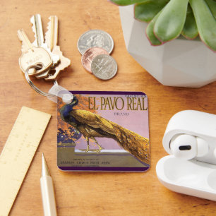 Vintage Fruit Crate Label Art El Pavo Peacock Bird Key Ring