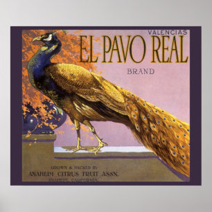 Vintage Fruit Crate Label Art El Pavo Peacock Bird Poster