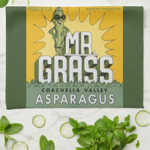 Vintage Fruit Crate Label Art Mr. Grass Asparagus Tea Towel