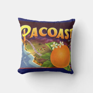 Vintage Fruit Crate Label Art, Pacoast Oranges Cushion
