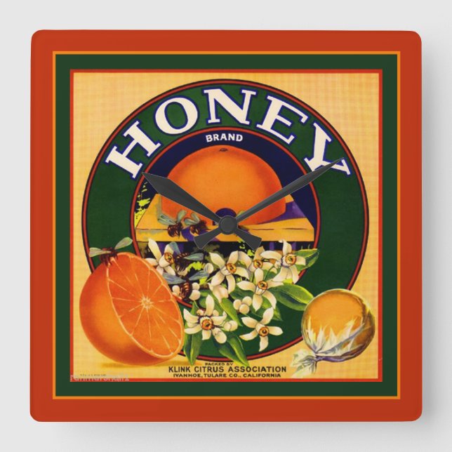 Vintage  Fruit Label Oranges Square Wall Clock (Front)