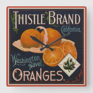 Vintage  Fruit Label Oranges Square Wall Clock