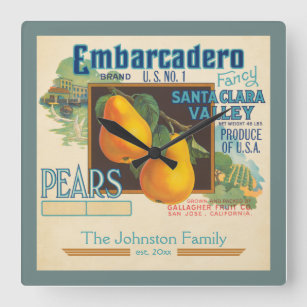 Vintage Fruit Label Pears Custom Family Name Square Wall Clock