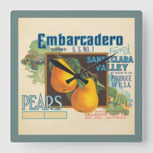Vintage  Fruit Label Pears Square Wall Clock
