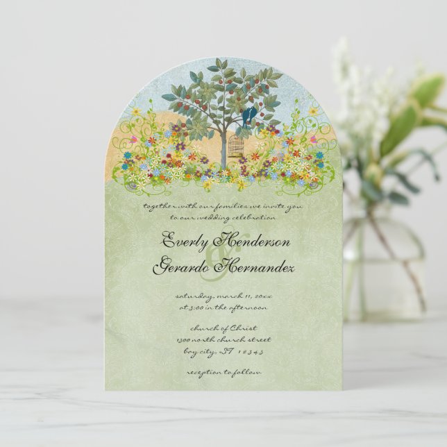 Vintage Fruit Tree Love Bird Wedding Invitations (Standing Front)